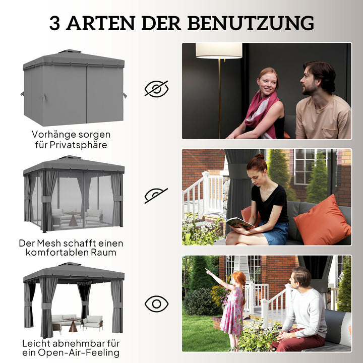 Pavillon ca. 3x3m, vandafvisende, stabil, vintersikker havepavillon med dobbelttag og myggenet med lynlås