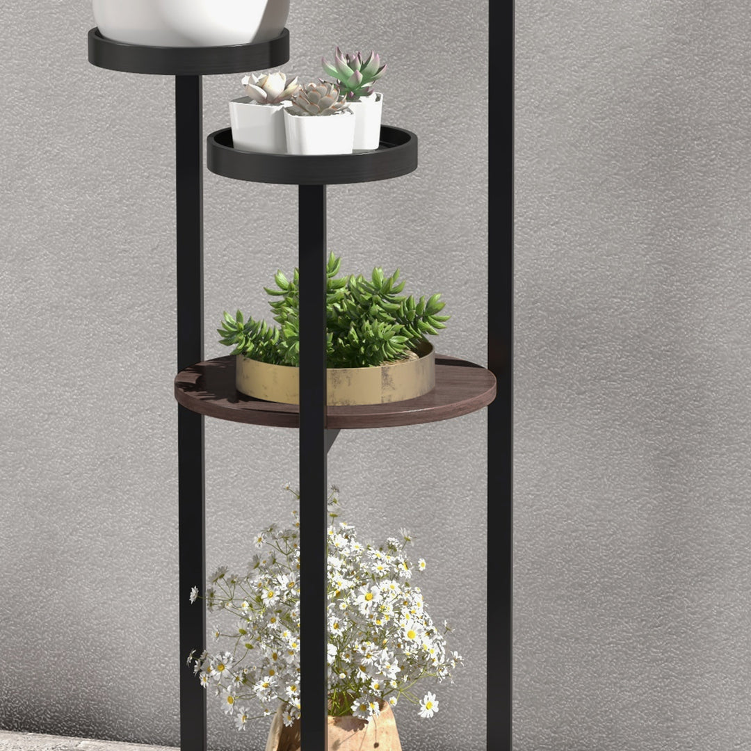 Blomsterstativ, 5 niveauer, til indendørs og udendørs brug, stål + fyrretræ, 28 x 28 x 87 cm, brun/sort