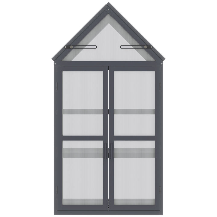 Mini-drivhus til koldt stel, 3 niveauer, drivhusplantebed med hængslet tag, dobbeltdøre, lavet af træ, polycarbonat, vejrbestandig, naturlig 70,5 x 42 x 132 cm