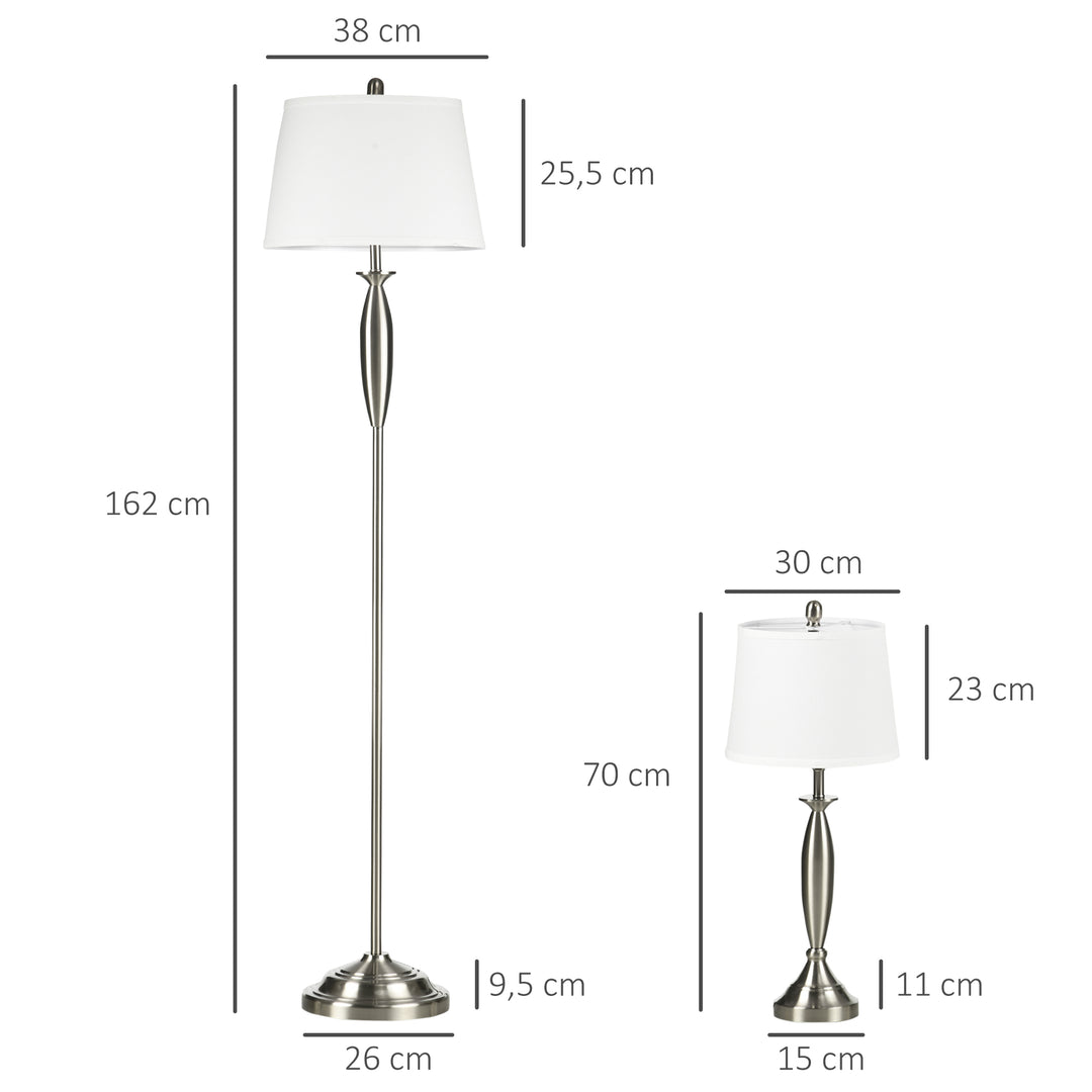 3-Delt belysningssæt. 1 gulvlampe, 2 bordlamper, linnedlook; 38 cm x 38 cm x 158 cm, sølv + hvid
