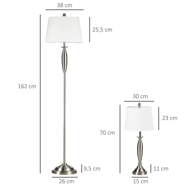 3-Delt belysningssæt. 1 gulvlampe, 2 bordlamper, linnedlook; 38 cm x 38 cm x 158 cm, sølv + hvid