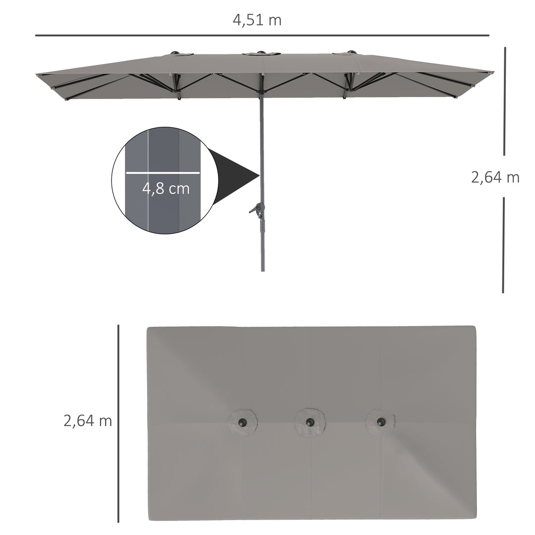 Dobbeltsidet paraply, 451 x 264 cm parasol med håndsving, 12 metalribber, aluminiumsstang, mørkegrå