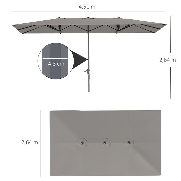 Dobbeltsidet paraply, 451 x 264 cm parasol med håndsving, 12 metalribber, aluminiumsstang, mørkegrå