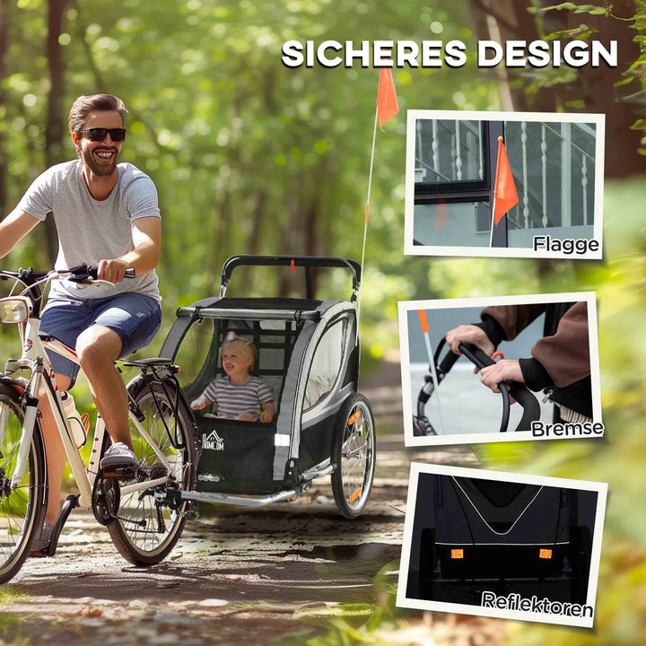 Børnecykeltrailer, skubbetrailer, med bremser, foldbar, til 2 børn, grå/sort