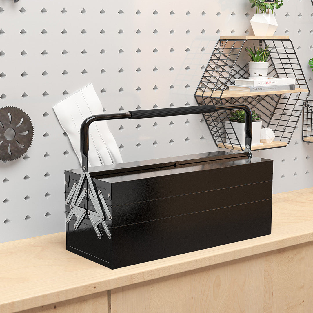 Værktøjskasse, værktøjskuffert med 3 niveauer, stål, 56l x 20b x 41h cm, sort