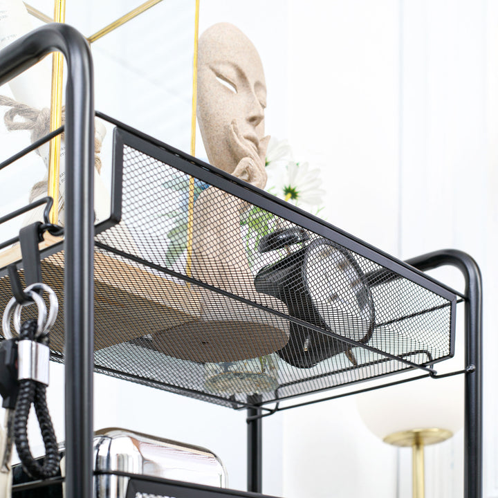 Køkkenvogn med 5 trådkurve, 4 kroge, 4 hjul, 2 håndtag, stål/plast, 45 x 26,5 x 106 cm, hvid