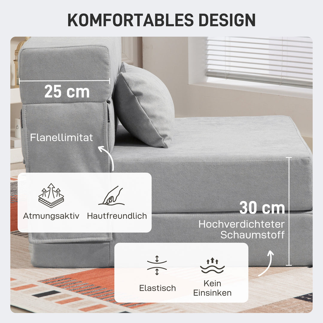 Gulvsofa, polstret, kan omdannes til madras, skum, hynde, lysegrå