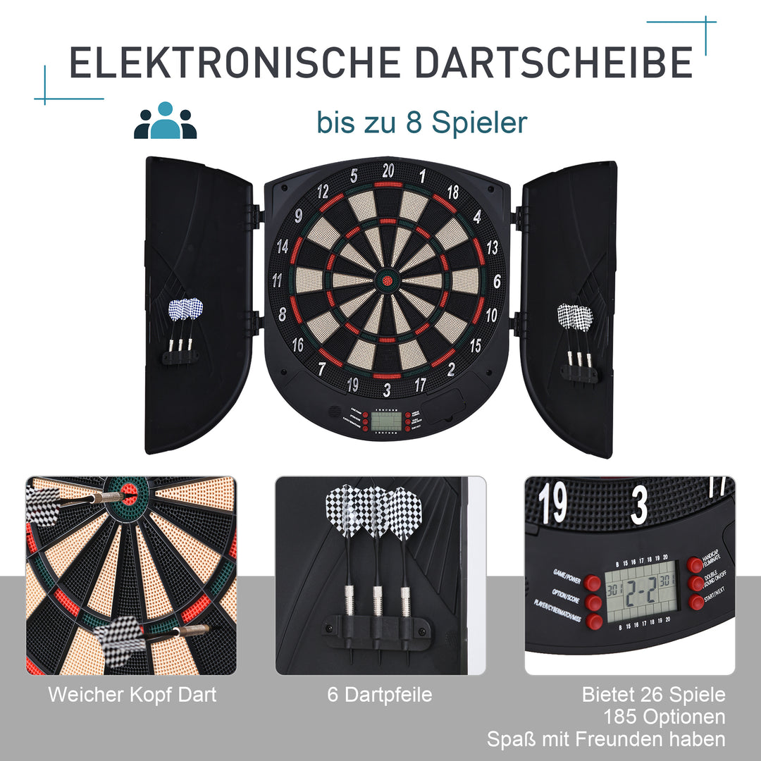 Elektronisk dartskive med stemmemeddelelser (engelsk stemme), LED-displays, 6 dart, 26 spil, 185 variationer, dartmaskine med dør, dartskivesæt til op til 8 spillere