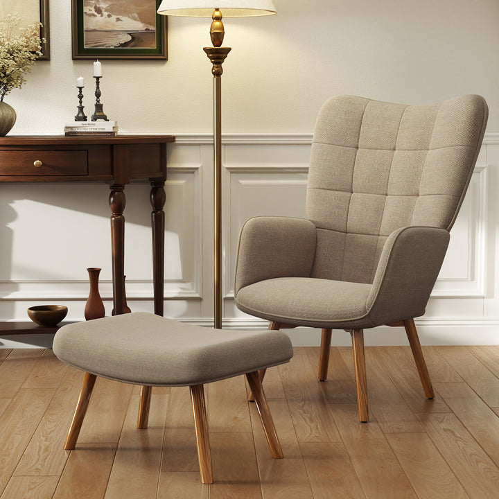 Accentstol med skammel, corduroy-lænestol, lænestol med træben, til stue, lysebrun