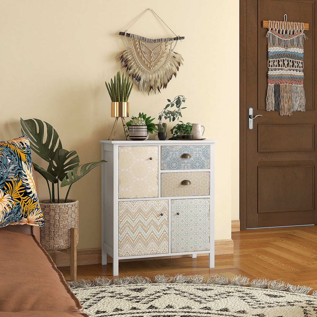 Skænk, shabby chic kommode, 2 skuffer, 3 skabsrum, fyrretræ, 68x34x80cm, hvid