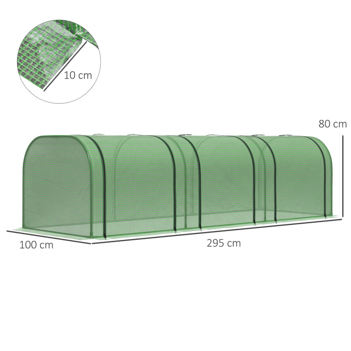 Foliedrivhus, tre rulleporte, robust presenning, stålramme, grøn, 2,95 x 1 x 0,8 m