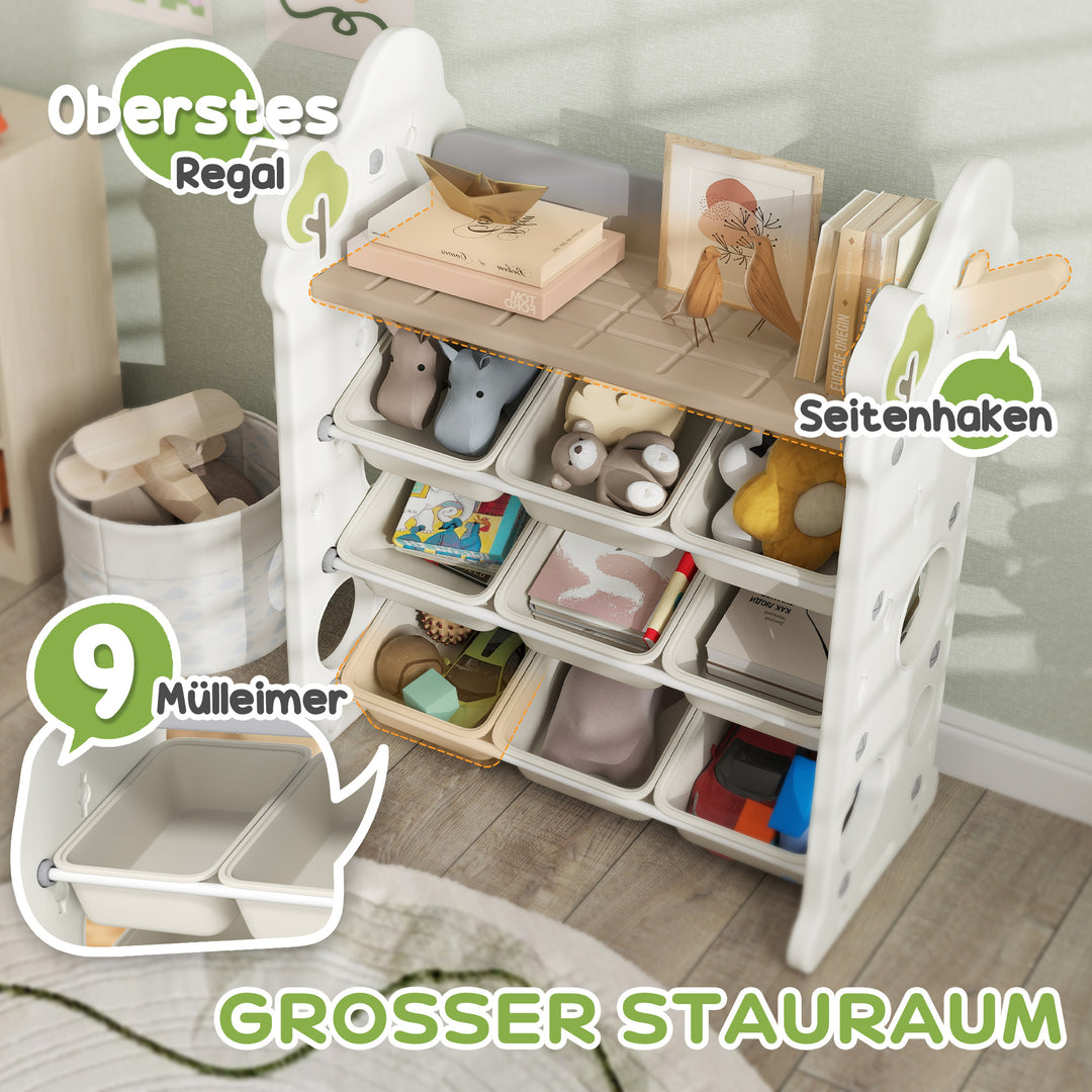 Børneopbevaringsstativ med 9 beholdere til legetøj og bøger, børneværelse, børnehave, plastik, cremehvid