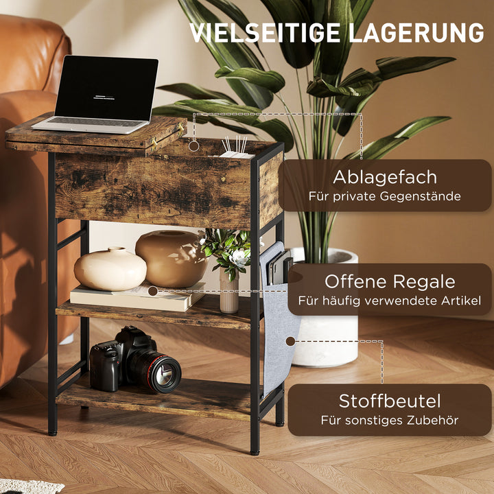 Sidebord / natbord med strømskinne, usb-porte, 60 x 30 x 59 cm, rustik brun