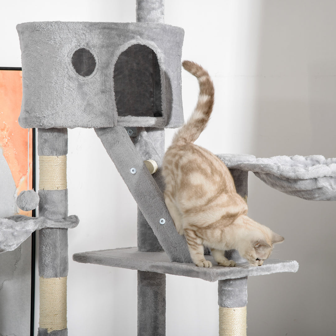 Kradsetræ til katte 240-260 cm loftshøjde, stort kradsetræ, klatretræ til store katte med sisalreb, lysegrå
