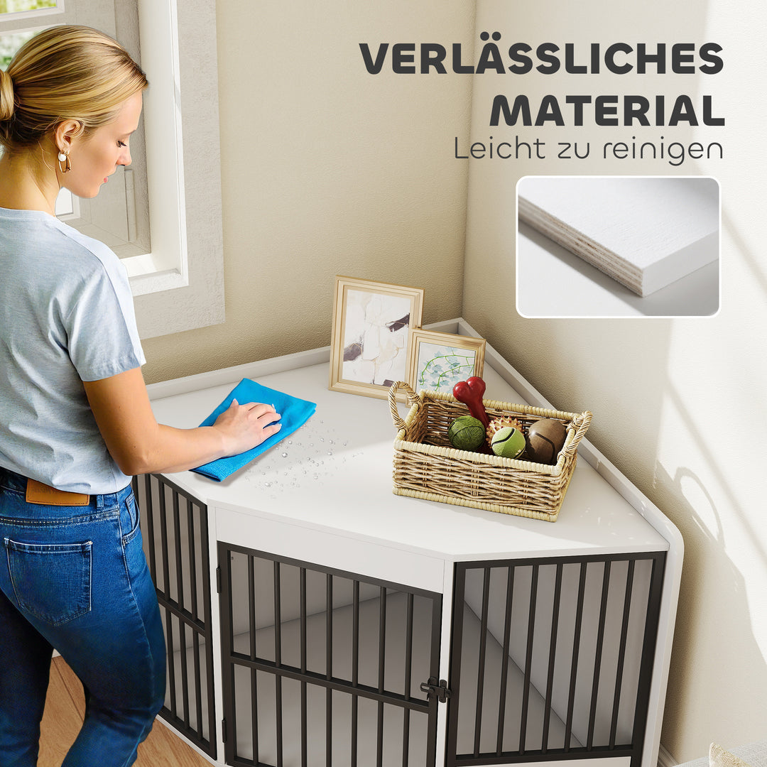 Hundebur, hundegård til små og mellemstore hunde, kæledyrsbur, foderlåge, MDF, metal, hvid