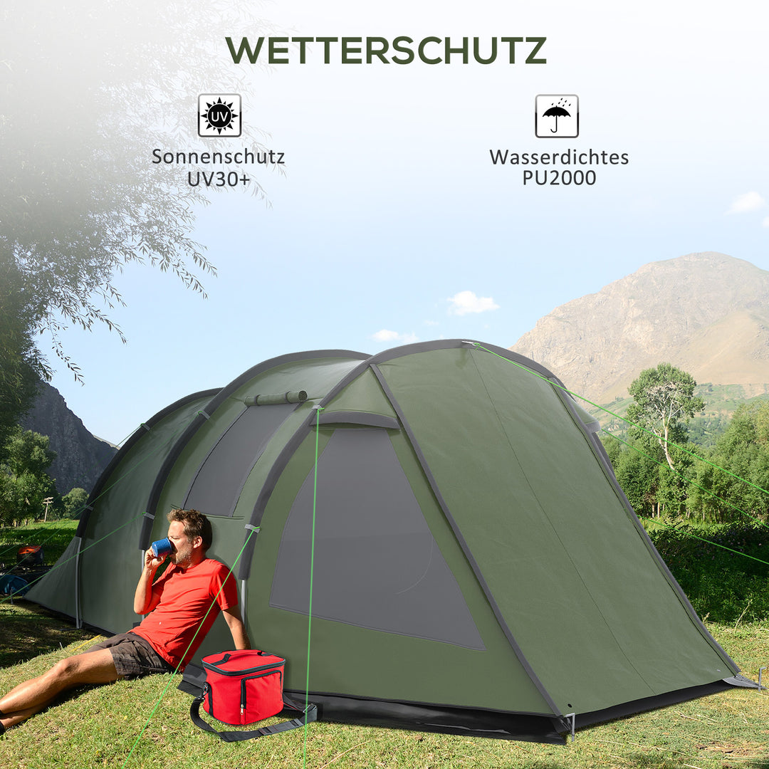 Campingtelt til 3-4 personer, to indvendige rum, netvinduer, grøn, 4,75 x 2,64 x 1,72 m