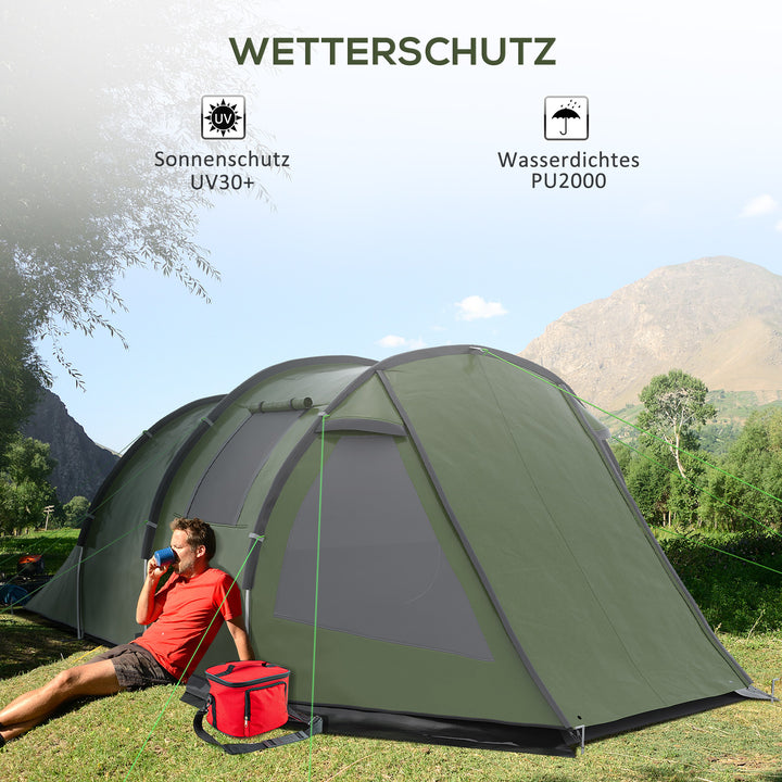 Campingtelt til 3-4 personer, to indvendige rum, netvinduer, grøn, 4,75 x 2,64 x 1,72 m