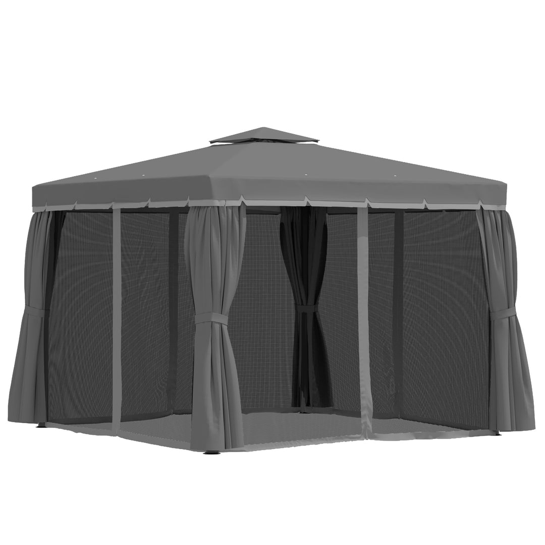 Havepavillon, 2,96 x 2,96 m, havetelt med dobbelttag, partytelt, festtelt med 4 sidepaneler, myggenet, vejrbestandig, aluminium, polyester, mørkegrå