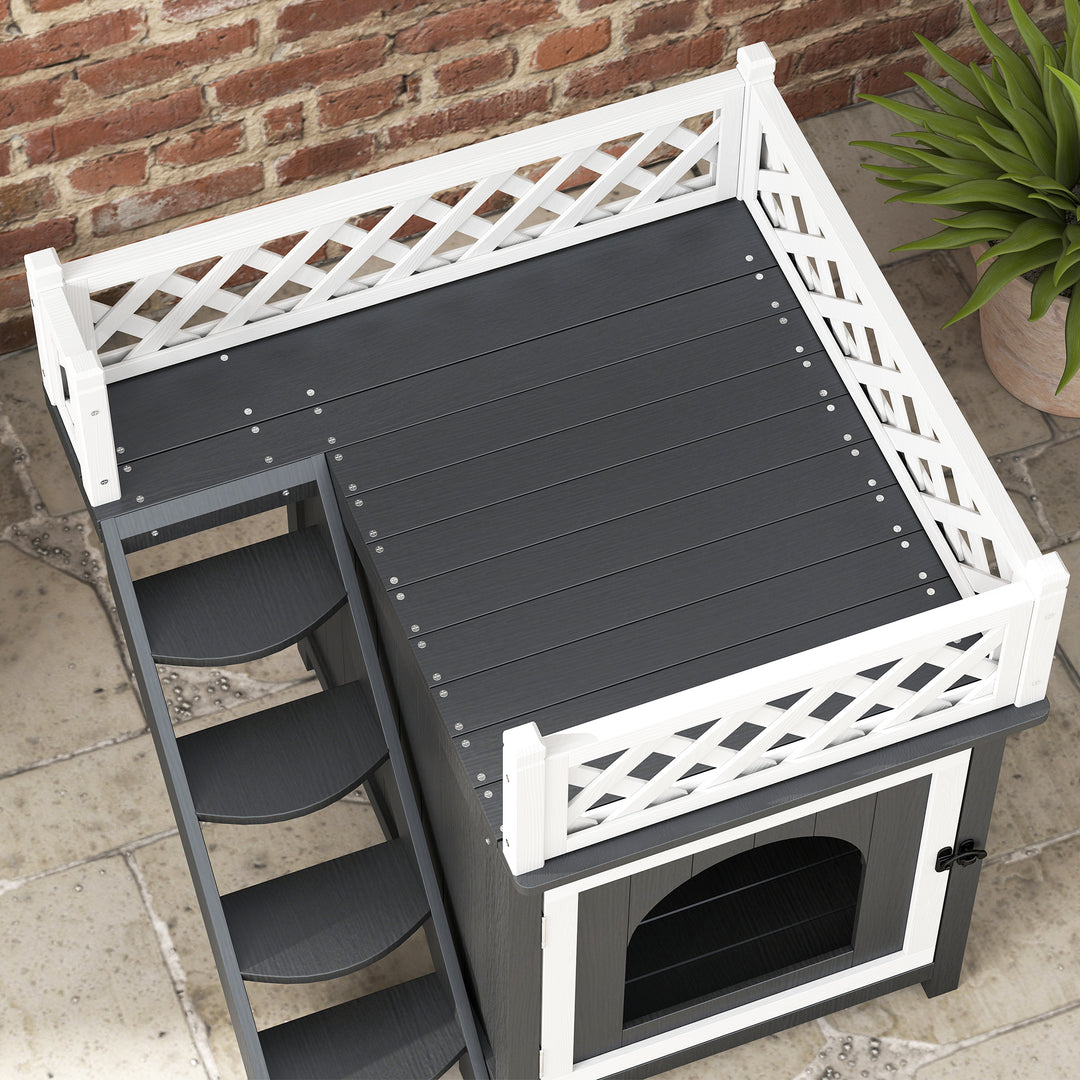 Toetagers kattehus med balkon og trappe, indendørs/udendørs, til katte og kaniner, fyrretræ, grå