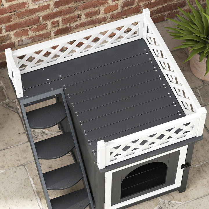 Toetagers kattehus med balkon og trappe, indendørs/udendørs, til katte og kaniner, fyrretræ, grå
