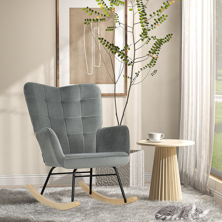 Vintage gyngestol, buede løbere, tykt polstring, bøgetræ og stål, mørkegrå