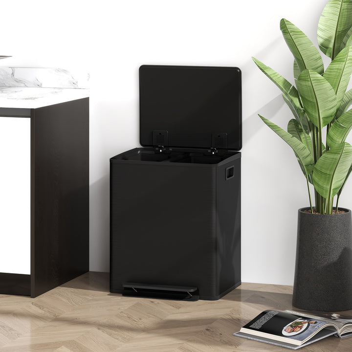 Skraldespand med 2x25l rum, soft-close låg, fingeraftrykssikker, rustfrit stål, sort