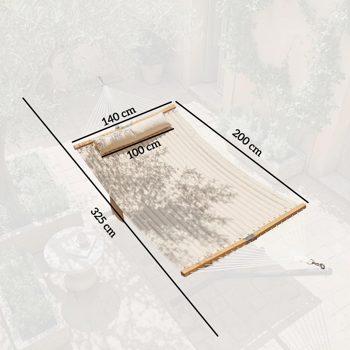 Udendørs hængekøje 200x140cm, dobbeltlags hængekøje med nakkestøtte, magasinlomme, træstænger, op til 200kg
