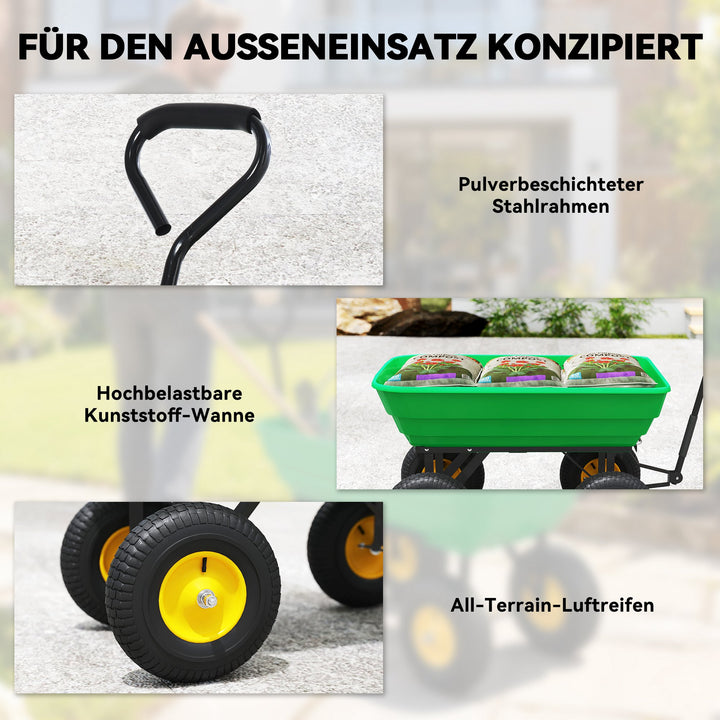 Havevogn med vippefunktion, op til 200 kg, trækvogn med 75-liters plastikbeholder, trækhåndtag, luftgummihjul, mørkegrøn