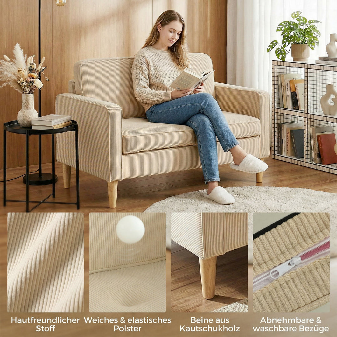 2-personers sofa med 2 puder, opbevaringsplads, ben i massivt træ, lille moderne loveseat, fløjlsbøjle, 117 x 63 x 79 cm, beige