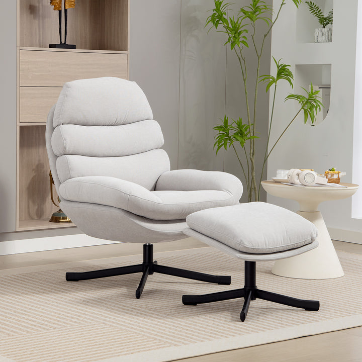 Lænestol med fodskammel, loungestol med chenillestof, moderne TV-stol, 78 x 93 x 100 cm, cremehvid