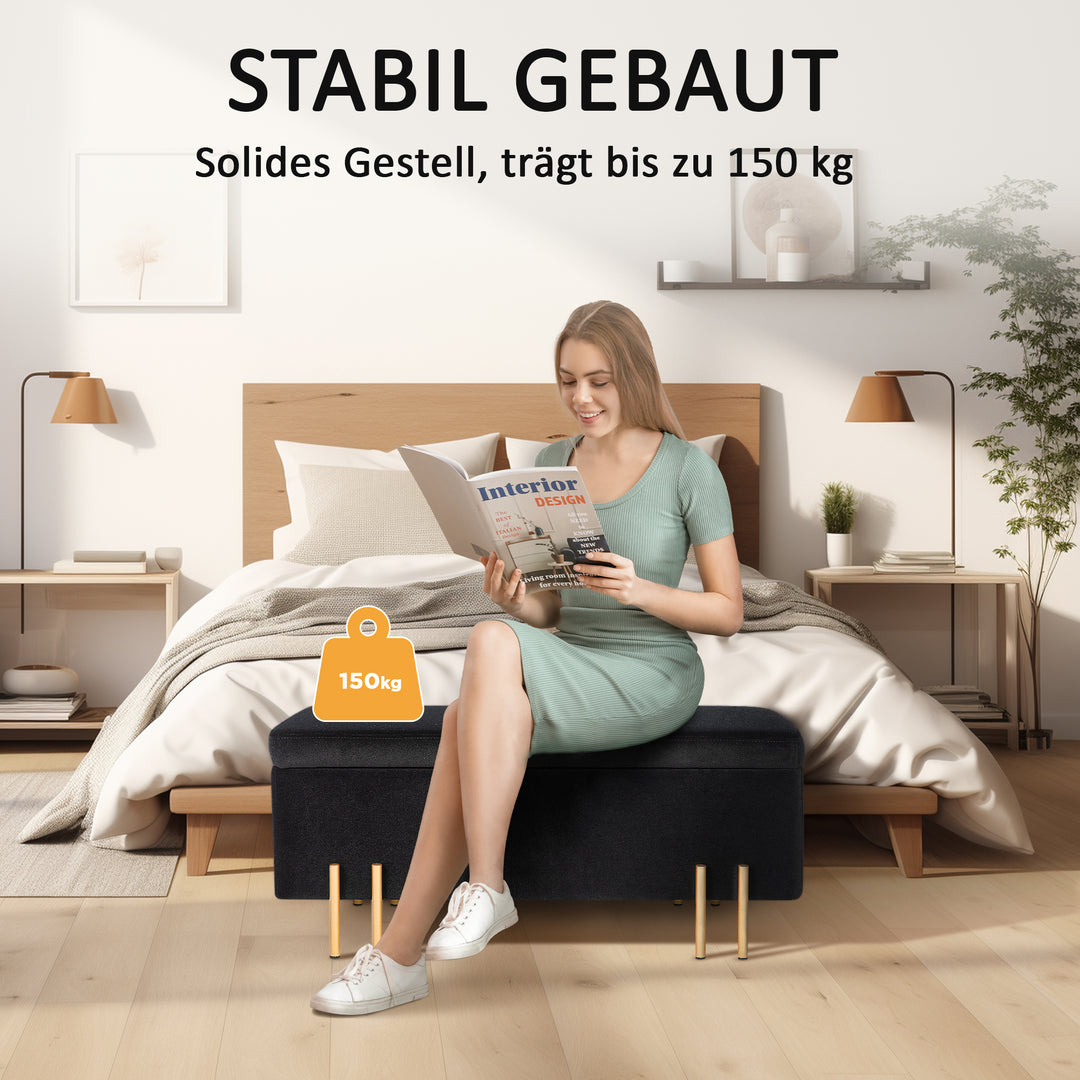 Bænk, polstret bænk med opbevaring, metal, gummitræ, skum, 100 x 40 x 42 cm, sort