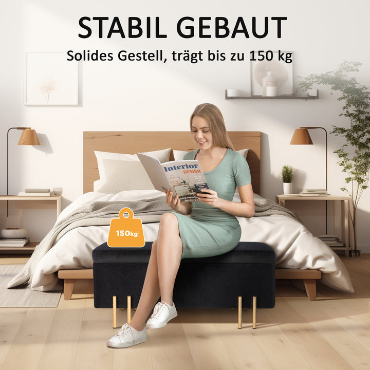 Bænk, polstret bænk med opbevaring, metal, gummitræ, skum, 100 x 40 x 42 cm, sort