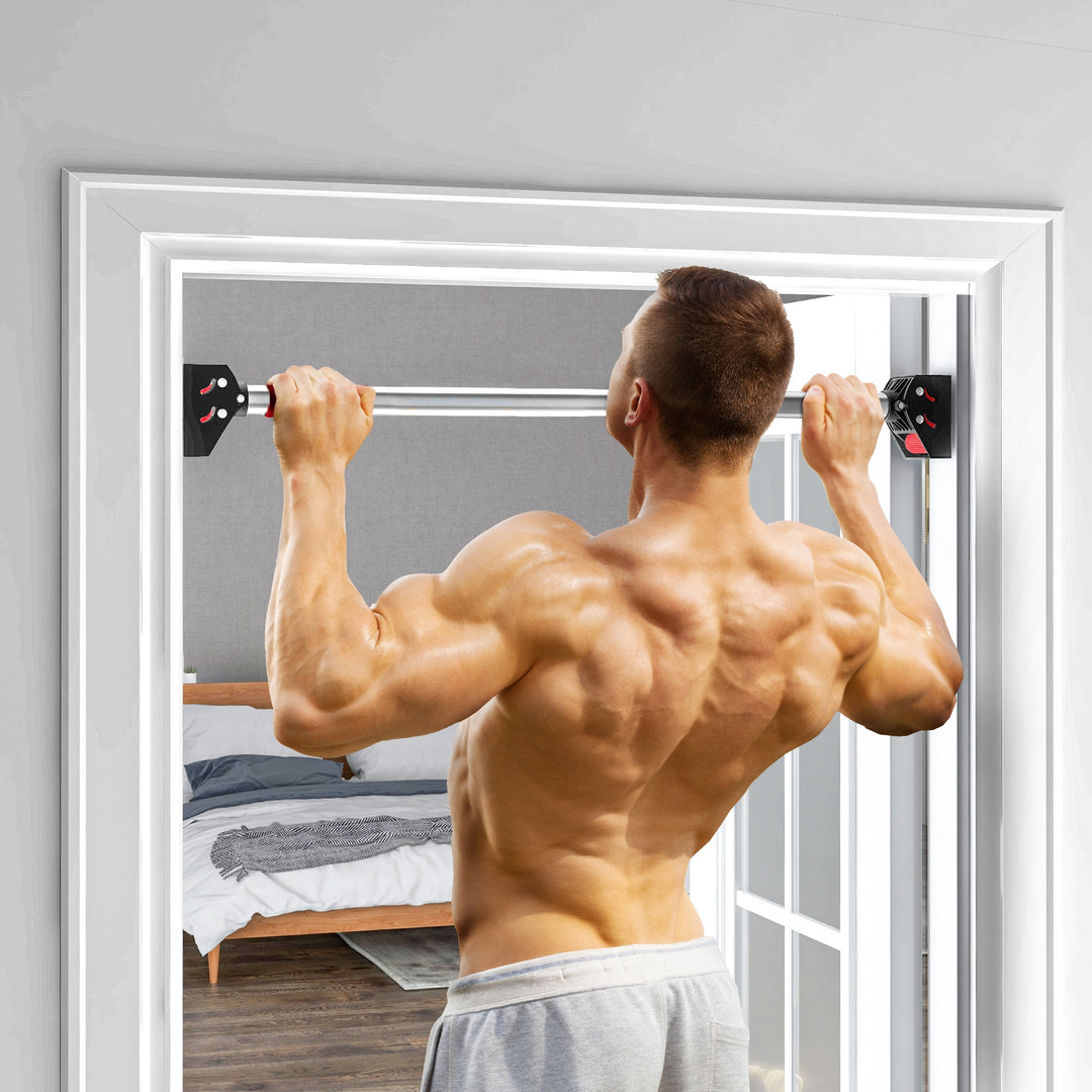 Justerbar pull-up-stang til dørkarme, ingen boring nødvendig, stål, op til 200 kg, 75-92 x 10 x 7 cm, sort/rød