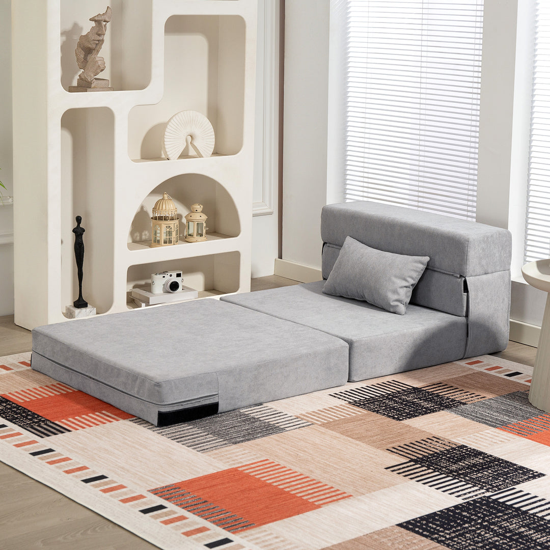 Gulvsofa, polstret, kan omdannes til madras, skum, hynde, lysegrå