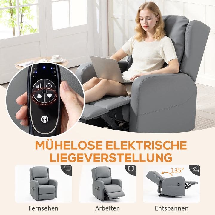 Massagestol med lænefunktion, kunstlæder, elektrisk justerbar, fodstøtte, sidelomme, stålstel, grå