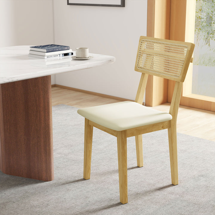 Spisestol, rattan ryglæn, kunstlædersæde, gummitræ, naturtræ