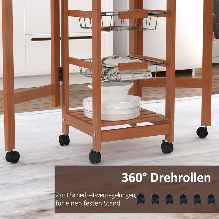 Serveringsvogn, køkkenvogn, to foldbare sideelementer, keramisk top, fyrretræ, 91 x 37 x 75 cm