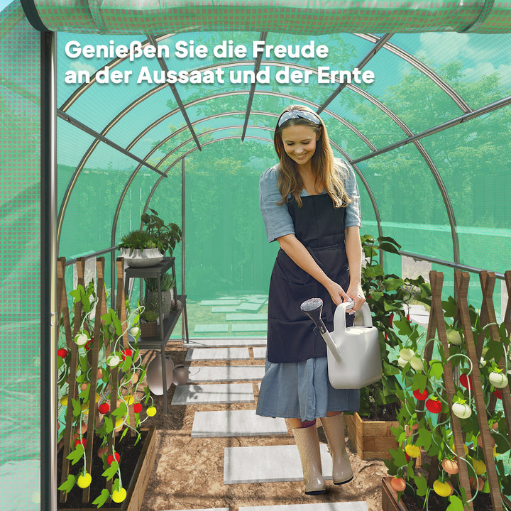 Polytunnel drivhus med plastikdæksel og stålramme, walk-in drivhustelt med rulledøre, grøn