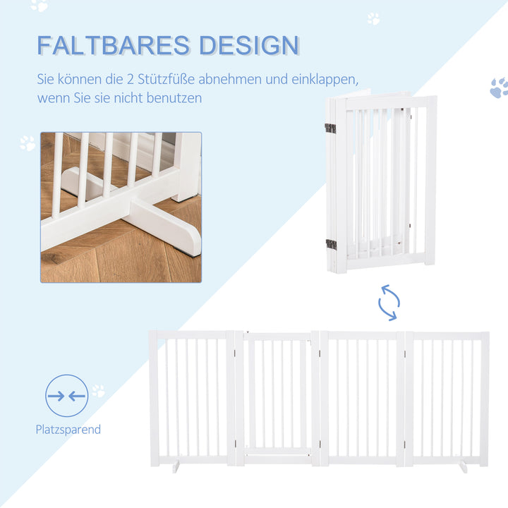 Hundesikkerhedsgitter, sæt med 4 dele, 220 x 91 cm, foldbart, med dør, fritstående hundegitter med 2 støttefødder, trætrappegitter til entré, køkken, trappe, hvid