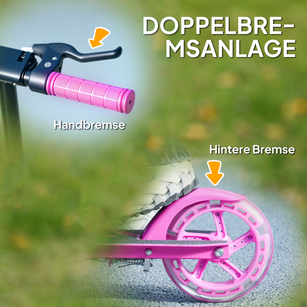 Børnescooter, dobbeltbremser, metalstel, fodstøtte, foldbar, 3-8 år, pink