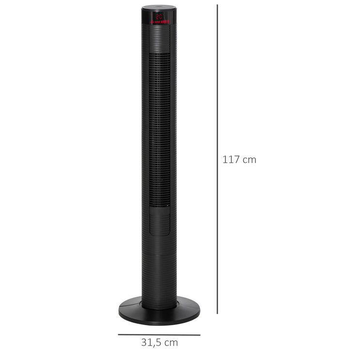 Stille tårnventilator med fjernbetjening, 117 cm, 70° oscillerende ventilator, standerventilator med 4 tilstande, 3 hastigheder, 12-timers timer, LED-display, sort