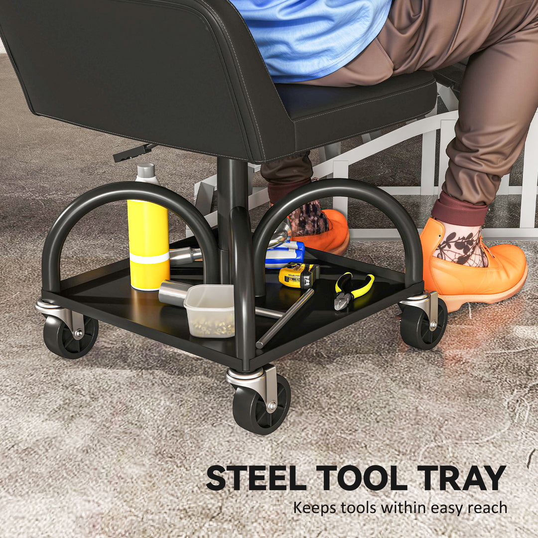 Værkstedsskammel med hjul, opbevaringsplads, 58,5 cm høj, rulleskammel, lasteevne op til 135 kg, sort
