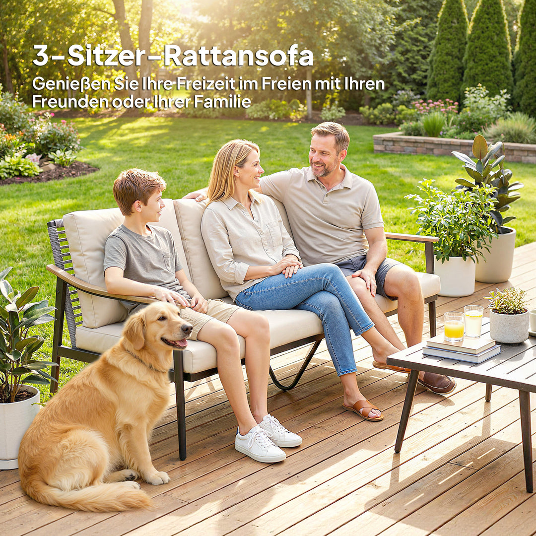 3-personers havesofa i rattan med aftagelige hynder, armlæn i trælook, stålstel, khaki