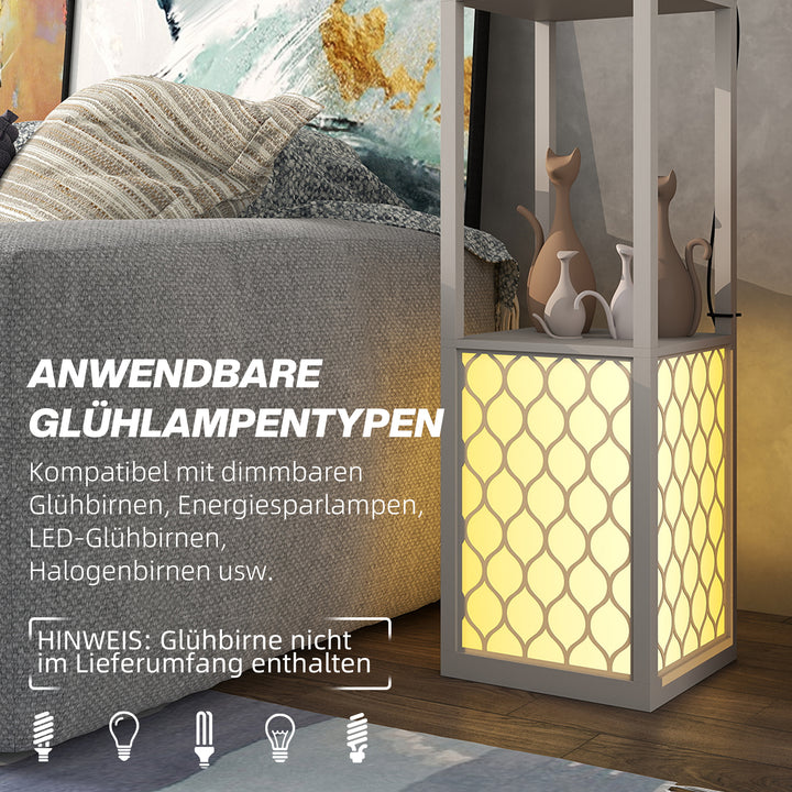 Gulvlampe i moderne design, 2 hylder, trækkædeafbryder, 26 cm x 26 cm x 156 cm, sort + hvid