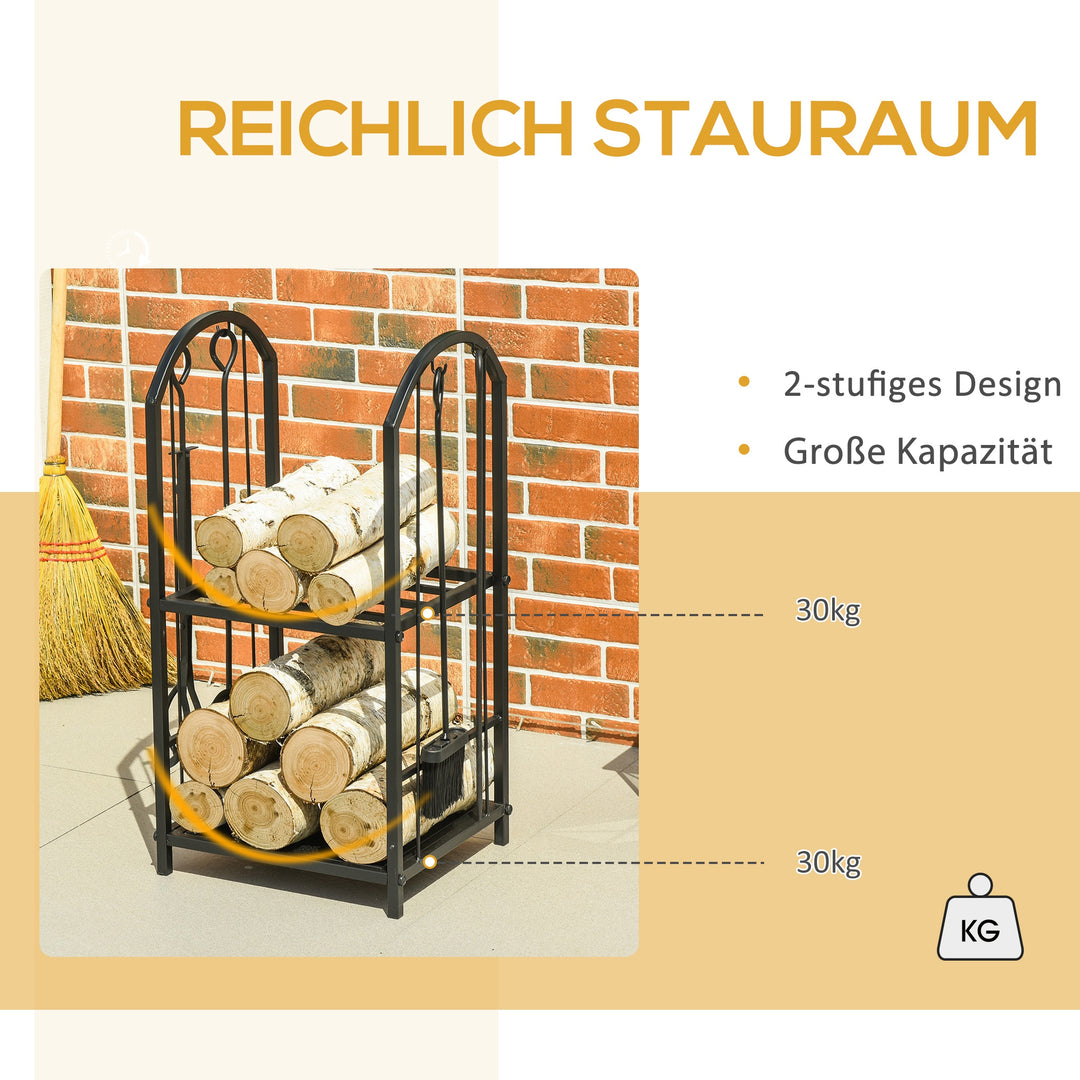 Brændestativ, brændestativ, brændestativ med 4 ekstra brændeværktøjer, pejsværktøj, 2-lags design, brændeopbevaring, pejsværktøj, metal, sort, 41,5 x 32,5 x 74,5 cm