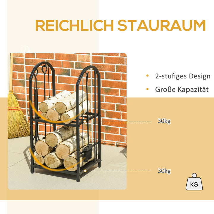 Brændestativ, brændestativ, brændestativ med 4 ekstra brændeværktøjer, pejsværktøj, 2-lags design, brændeopbevaring, pejsværktøj, metal, sort, 41,5 x 32,5 x 74,5 cm