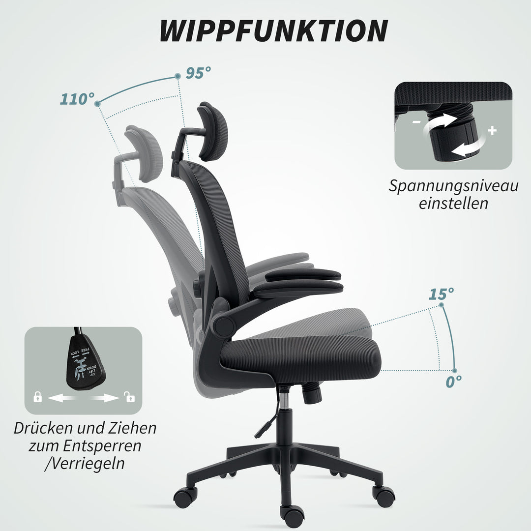 Ergonomisk kontorstol med opklappelige armlæn og justerbar lændestøtte, sort