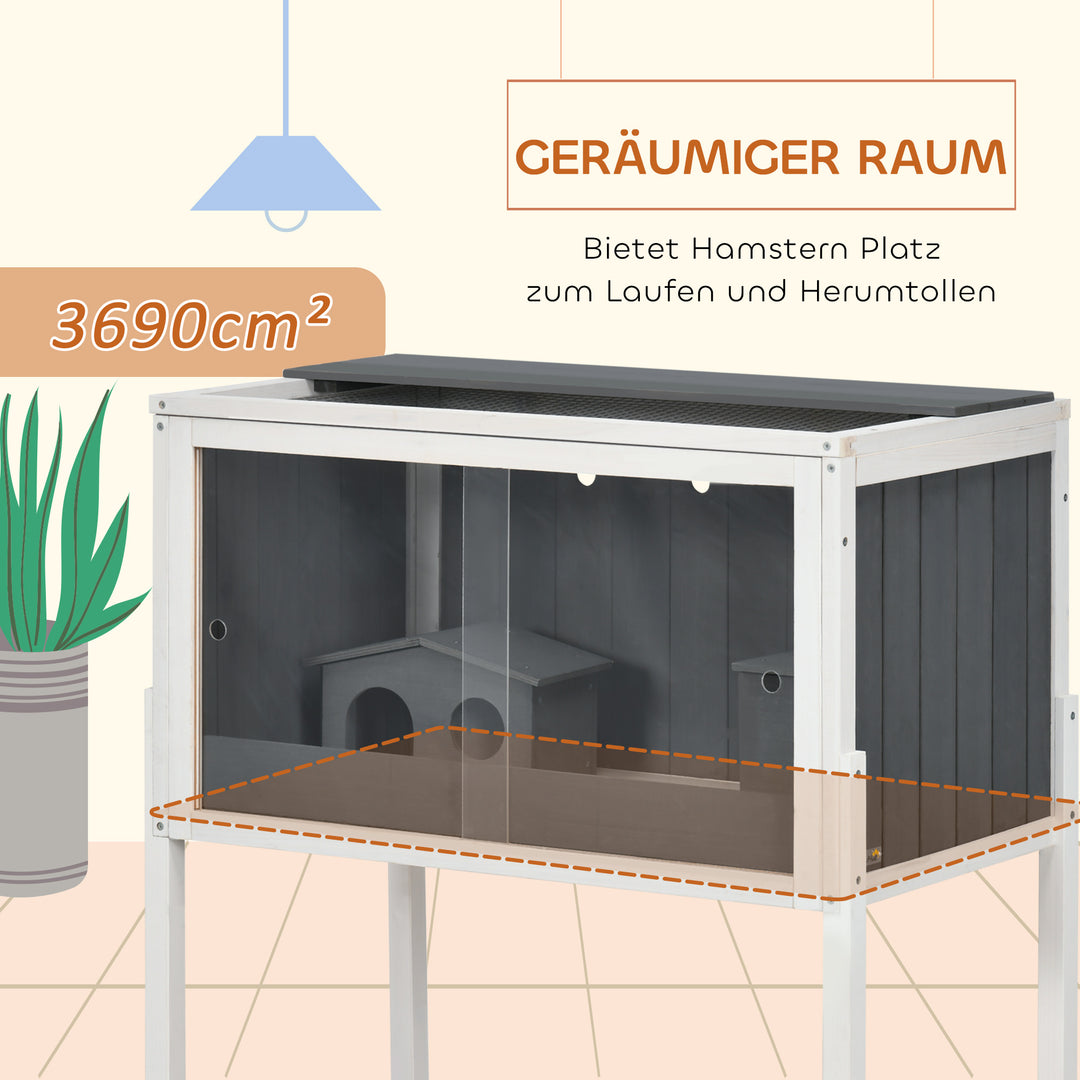 Hamsterbur, 3000 cm² dværghamsterbur lavet af træ og metal, med 2 hytter, skydedøre i akryl, stabil, sikker, grå+hvid