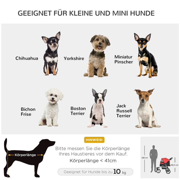 Hundeklapvogn med 3 hjul, foldbar op til 10 kg, oxford rød+sort, 109,5 x 54,5 x 106,5 cm