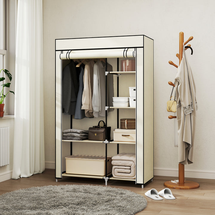 Stofgarderobe, opbevaringsløsning, 6 hylder, 1 bøjlestang, beige